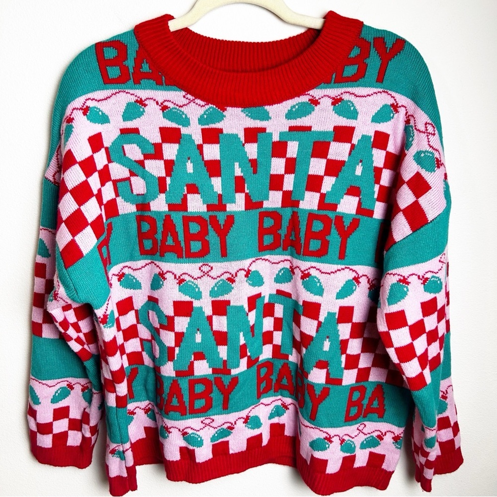 Santa Baby pink and red checkered Christmas sweater by Grayson Threads size: XL